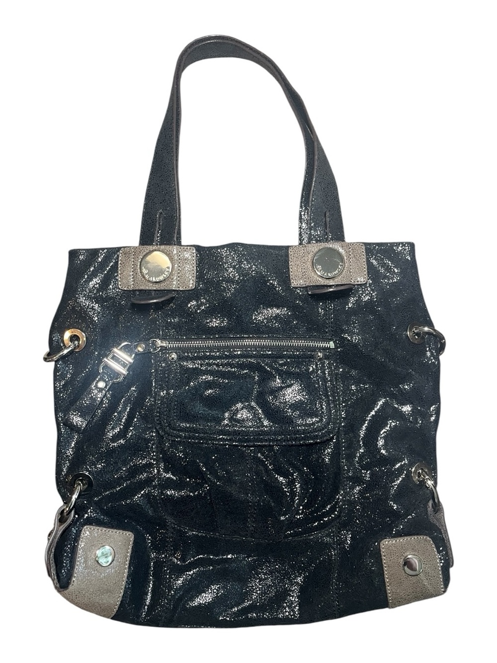 B. Makowsky Black Crackle Shimmer Genuine Leather Hobo Shoulder Bag | Y2K - Picture 3 of 8